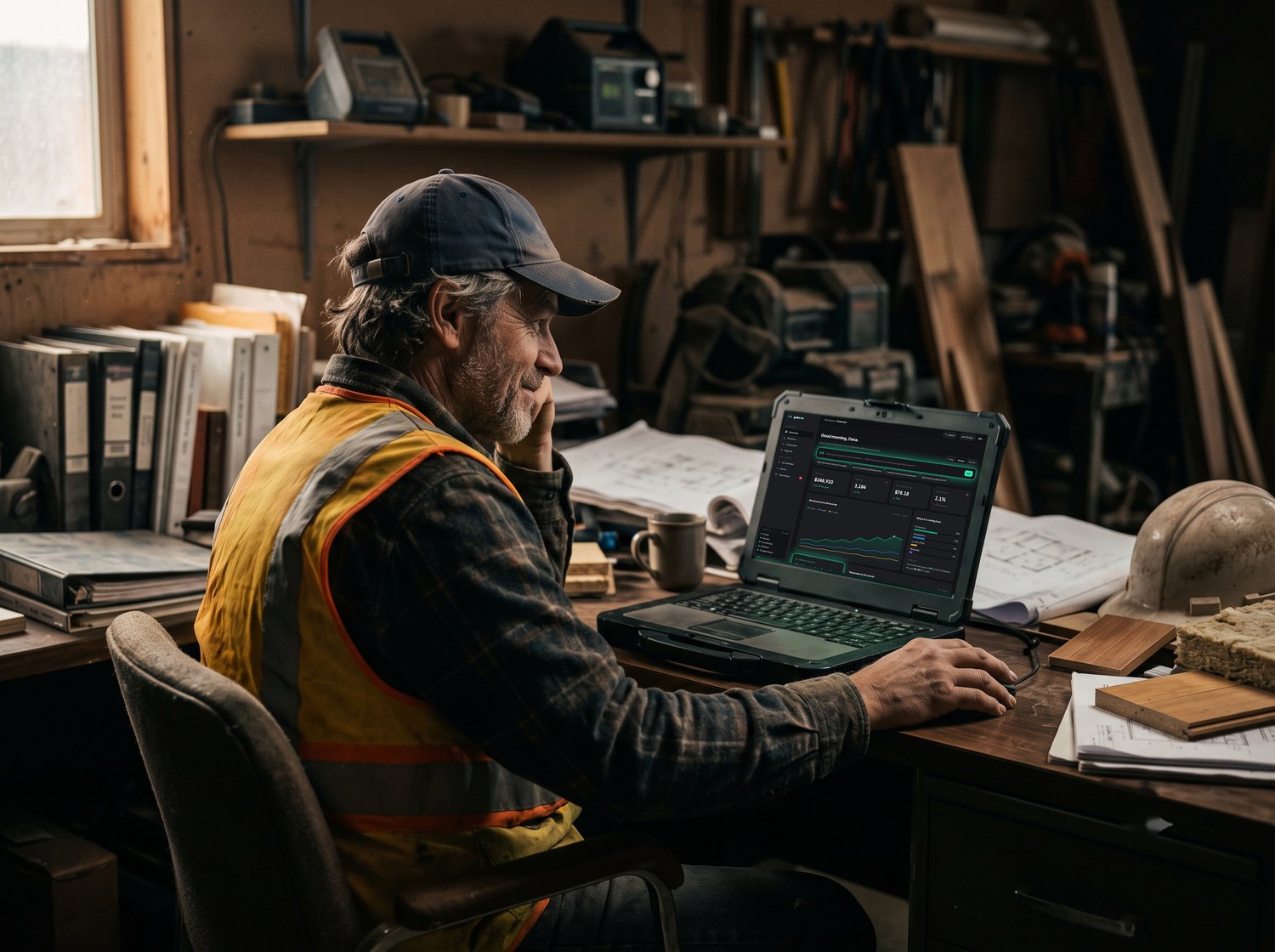 A restoration contractor in a hi-vis vest reviewing his live GoBrain dashboard on a laptop in a job-site workshop office.